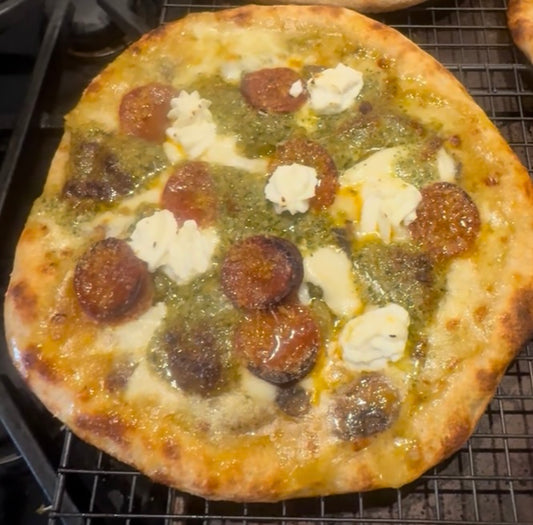 Mesquite Smoked Tomatillo Hatch Green Chile Pesto Pepperoni Mushroom Sourdough Pizza $11.99 (FROZEN)