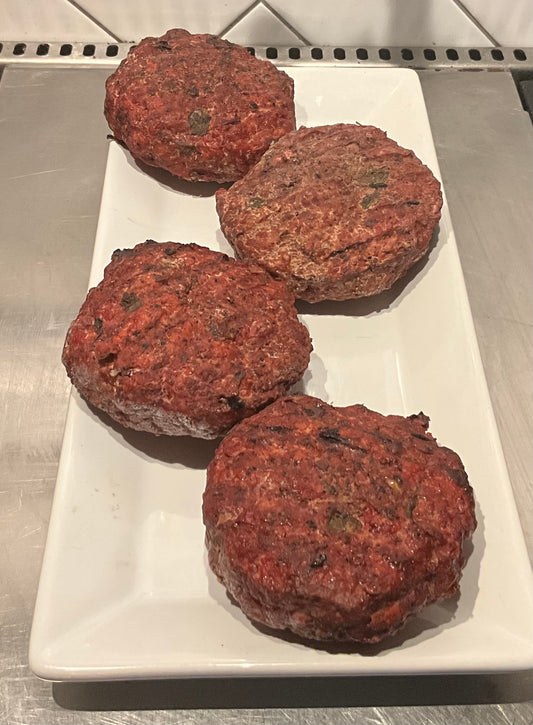 ARIZONA GRASS FED Mesquite Smoked Garlic Confit Caramelized Onion Green Chile Brisket Burger Frozen Patty 4 Pack 1/2 Pound Burgers $24.99 (FROZEN)